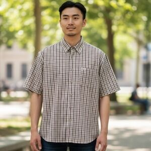 90's Carhartt Mens Plaid Short Sleeve Button Up Shirt Size L Brown White Casual